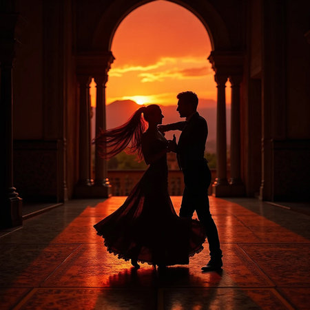 Silhouette of couple dancing tango in the palace at sunsetの素材