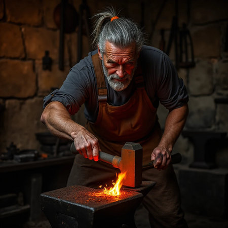 Elderly blacksmith working with molten metal on the anvilの素材