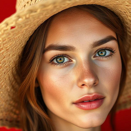 Closeup portrait of beautiful young woman in straw hat looking at cameraの素材
