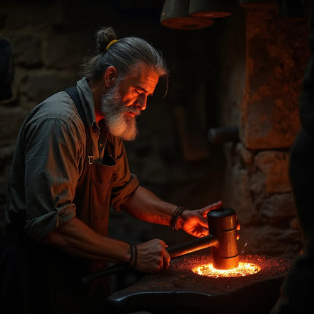 Handsome blacksmith working with a torch in his forge.の素材