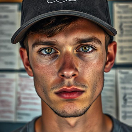 Close-up portrait of a young man with a baseball cap.の素材