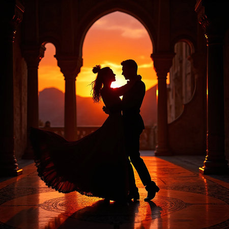 Silhouette of couple dancing tango in the palace at sunsetの素材