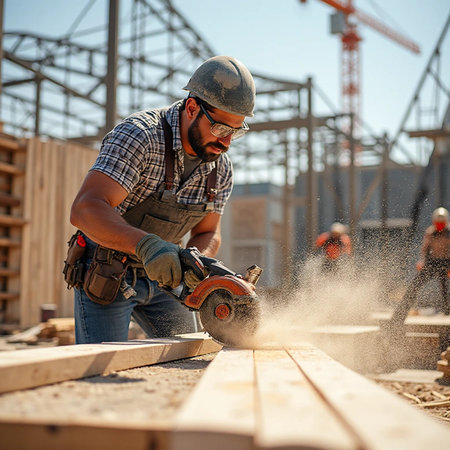 Portrait of a carpenter cutting wood on a construction site.の素材