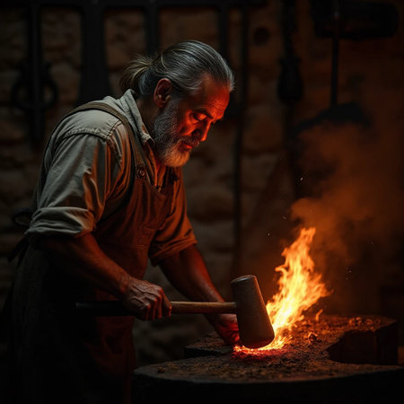 Old blacksmith working with a hammer on a blacksmith's forgeの素材