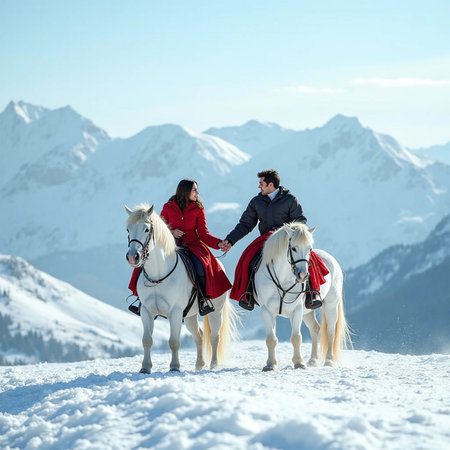 Young couple on a white horse in the mountains. Winter vacation.の素材