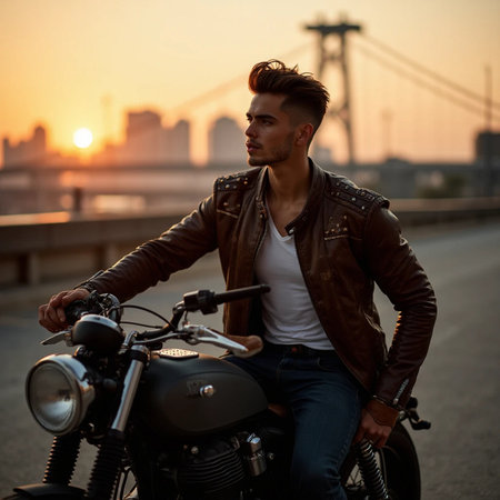 Handsome young man in a leather jacket and jeans sits on a chopper motorbike on the road at sunset.の素材