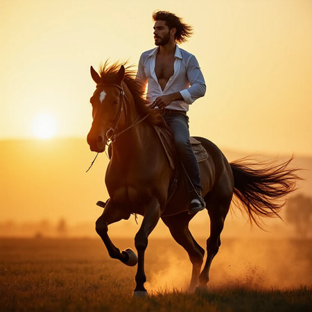 Handsome young man riding a horse in the field at sunsetの素材