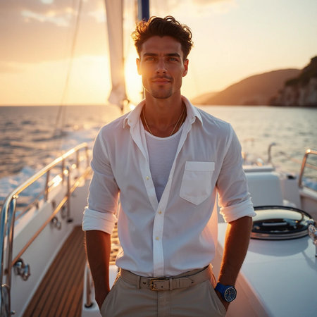 Portrait of a handsome young man standing on a yacht at sunsetの素材