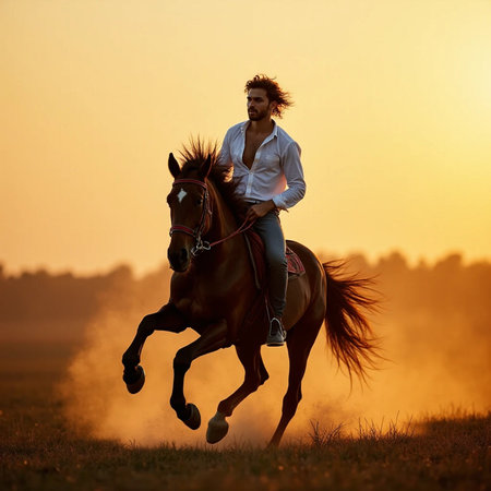 Young man riding a horse in the rays of the setting sun.の素材