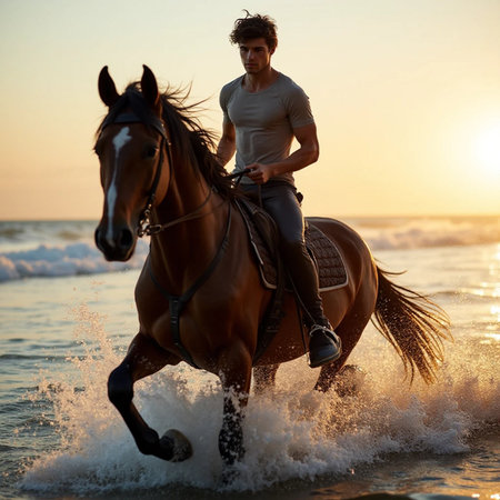 Handsome young man riding a horse on the beach at sunsetの素材