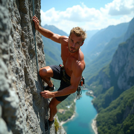 Young man climbing on a cliff. Extreme sport and active lifestyle.の素材