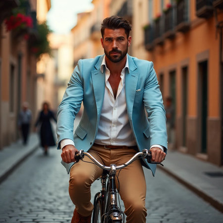 Handsome young man in a suit riding a bicycle on a cobblestone street.の素材