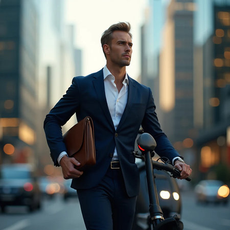 Young businessman with a bike in the city. Businessman in a suit with a bicycle.の素材