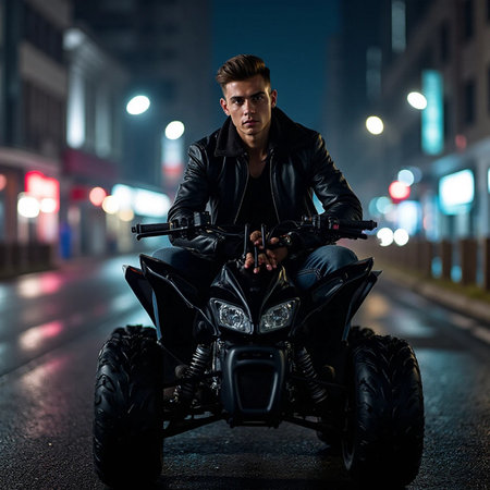 Young man in a black leather jacket on a motorcycle at night.の素材