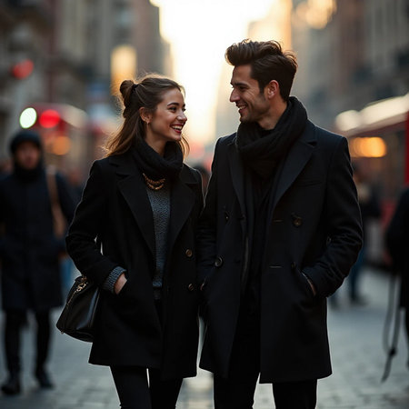 Portrait of a happy young couple walking in the city street.の素材
