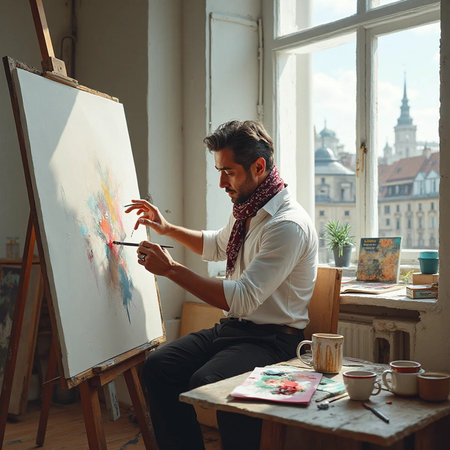 Portrait of a male artist painting on canvas in his studio.の素材