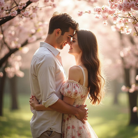 Beautiful young couple in love, hugging and kissing in the blooming gardenの素材