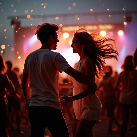 Young couple dancing at a music festival on a summer evening in front of lightsの素材