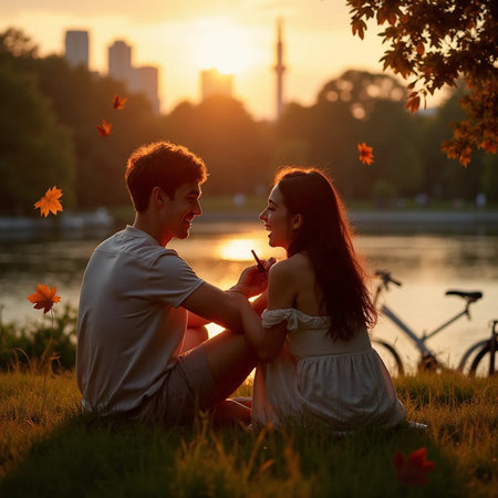 Young couple in love sitting on the grass in the park at sunsetの素材