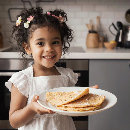 Cute little girl holding plate with pancakes in the kitchen at homeの素材