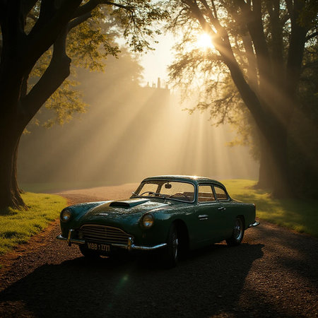 Vintage car on the road with sunbeams coming through the treesの素材