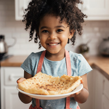 Smiling african american girl holding plate with pancakes in kitchenの素材