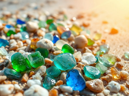 Colorful glass stones on the beach at sunset, close-upの素材