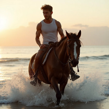 Handsome young man riding a horse on the beach at sunsetの素材