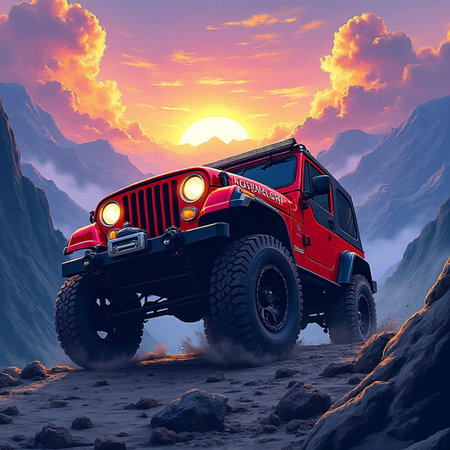 Off-road vehicle in the mountains at sunset. 3d renderingの素材