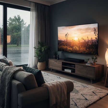 Interior of modern living room with sofa, TV and plants.の素材