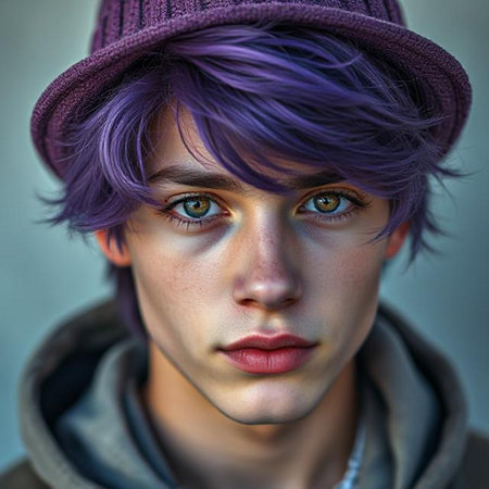 Portrait of a beautiful young man with purple hair and a hatの素材