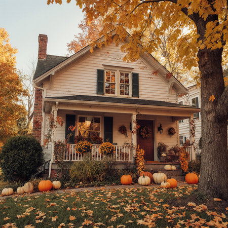 Autumn in the countryside. House with pumpkins and maple leaves.の素材