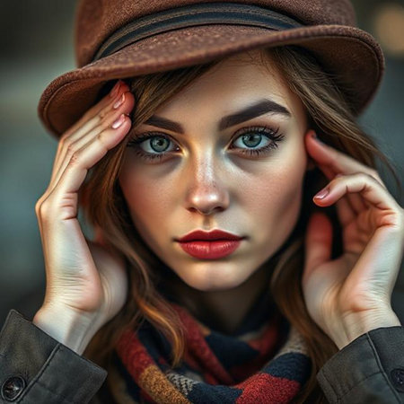 Close up portrait of beautiful young woman with fashion makeup and brown hatの素材