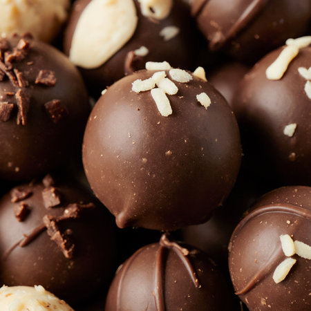close up of chocolate pralines or truffles on white backgroundの素材