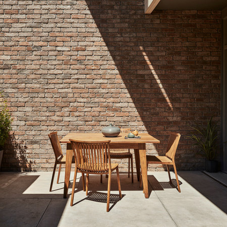 Wooden table and chairs on terrace with brick wall. 3d renderingの素材