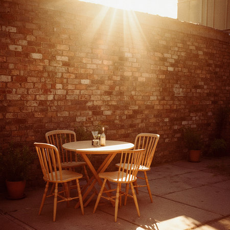 Tables and chairs in a terrace of a restaurant with sunlightの素材