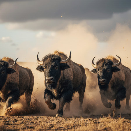 Bison running in the steppe. Wildlife scene from Africa.の素材