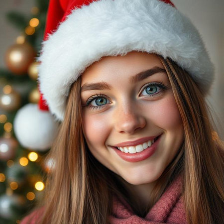 Close-up portrait of beautiful young woman in santa hat.の素材