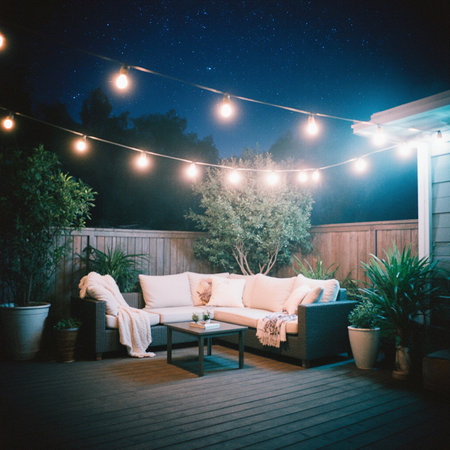 Outdoor terrace in the garden at night with a beautiful starry skyの素材