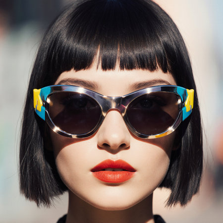 Fashion portrait of young beautiful woman with black short hair and bright sunglasses.の素材