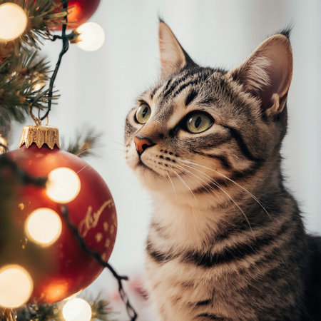 Cute tabby cat sitting on Christmas tree and looking at cameraの素材