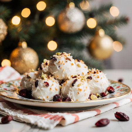 Christmas cookies with cranberries and pistachios on a white backgroundの素材