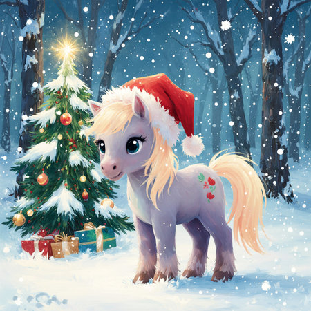Christmas greeting card with a white pony in a Santa Claus hat.の素材