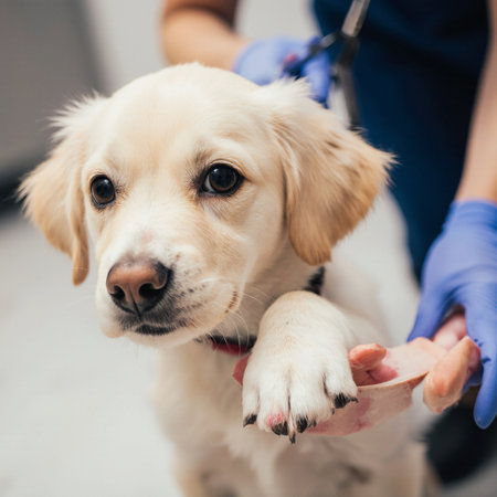 Veterinarian giving a paw to a golden retriever puppy.の素材