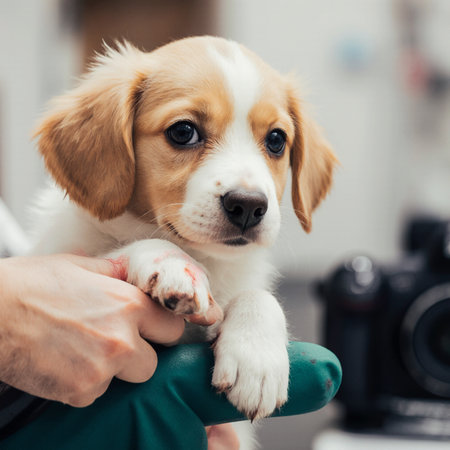 Cute beagle puppy in a veterinary clinic. Pet care concept.の素材