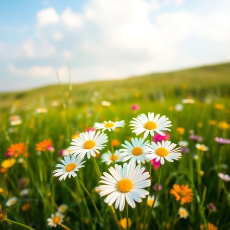 Field of daisies on a background of blue sky with cloudsの素材