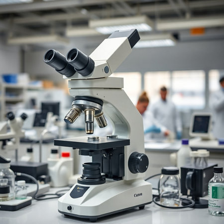 laboratory microscope in the background of a group of medical workersの素材