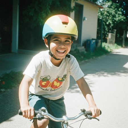 little boy riding a bicycle on the street in the summer, having funの素材
