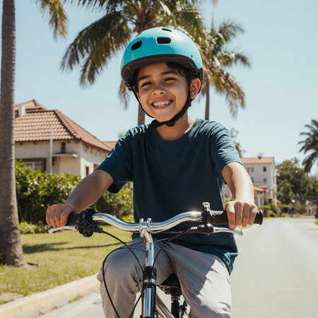 smiling boy in helmet riding bicycle on road with palm trees on backgroundの素材