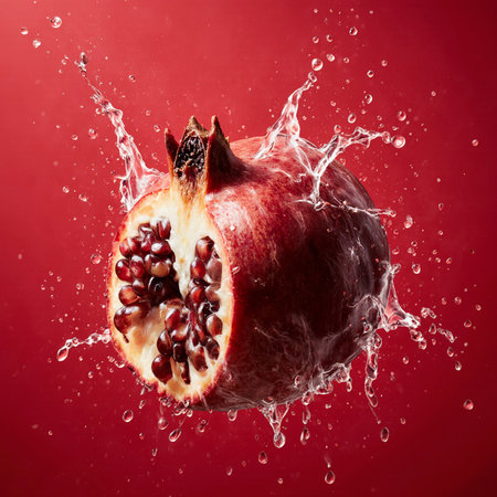 pomegranate with water splash on red background, close upの素材